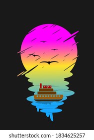 ships in the sea under a beautiful full moon. vector illustration