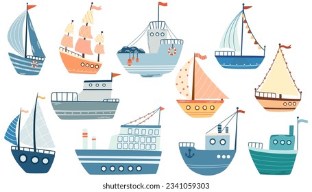 Ships Set. Fishing boat, sailboat, Sailing vessel, sea mode of transport. Children's illustration for design of children's rooms, clothing, textiles. Vector hand draw illustration isolated 