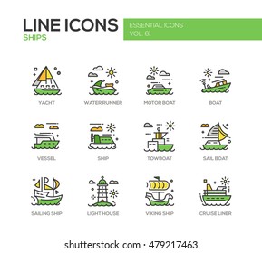 Ships - set of modern vector line design icons and pictograms. Yacht, water runner, motor boat, vessel, towboat, sailing ship, light house, viking ship, cruise liner