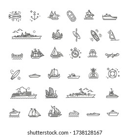 Ships - set of modern vector plain line design icons and pictograms