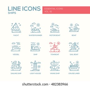 Ships - set of modern vector plain line design icons and pictograms. Yacht, water runner, motor boat, vessel, towboat, sailing ship, light house, viking ship, cruise liner