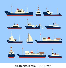 Ships set. Silhouettes of various boats and yachts.