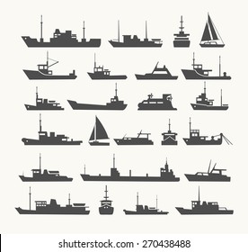 Ships set. Silhouettes of various boats and yachts.