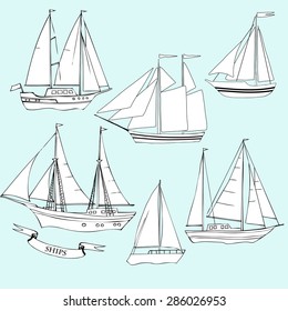 Ships. Set of sketches black and white. Vector Illustration