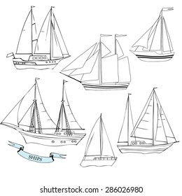 Ships. Set of sketches black and white. Vector Illustration