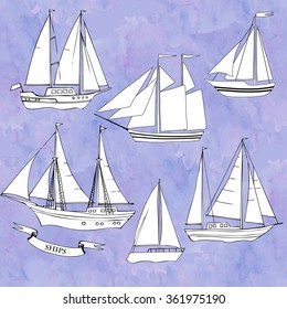 Ships. Set of sketches black and white. Vector Illustration