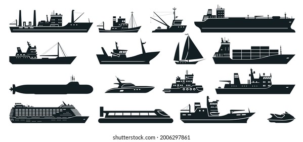 Silhouette de barcos. Buque de carga con contenedores de transporte marítimo, crucero turístico, buque de pesca comercial, yate. Conjunto de vectores de transporte de agua. Línea de travesía, barco de pescadores, moto acuática