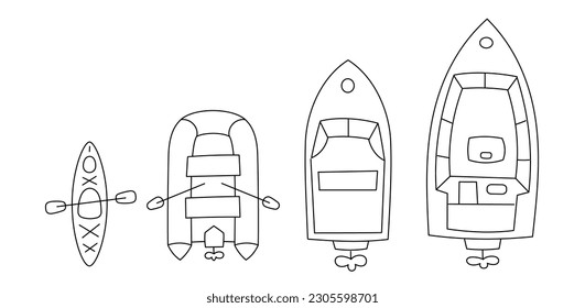 Ships size choice. Fishing boats dock. Editable outline. Vector line.