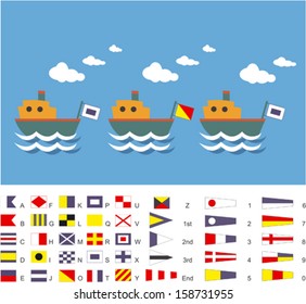 Ships with SOS flags and all maritime signal flags alphabet