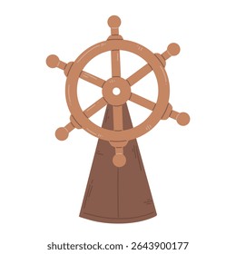 The ship's steering rudder wheel in a cartoon flat style isolated on a white background. Vector illustration.