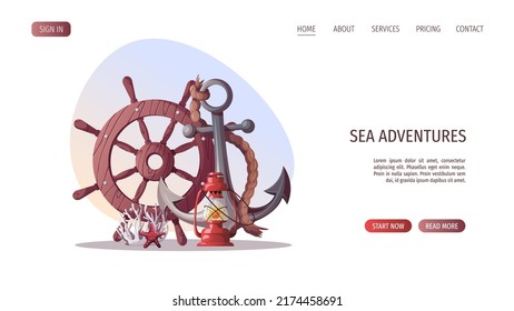 Ship's steering wheel, anchor, corals, starfish. Maritime, sea coast, marine life, nautical concept. Vector illustration. Website, banner template.