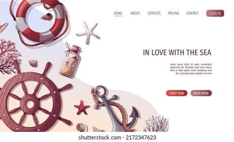 Ship's steering wheel, anchor, lifebuoy, sand bottle, corals, starfishes, seashells. Maritime, sea coast, marine life, nautical concept. Vector illustration. Website, banner template.