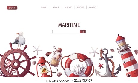 Ship's steering wheel, anchor, lifebuoy, sand bottle, corals, starfishes, seashells, lighthouse. Maritime, sea coast, marine life, nautical concept. Vector illustration. Website, banner template.