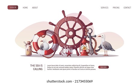 Ship's steering wheel, anchor, lifebuoy, sand bottle, corals, starfish, seagulls. Maritime, sea coast, marine life, nautical concept. Vector illustration. Website, banner template.