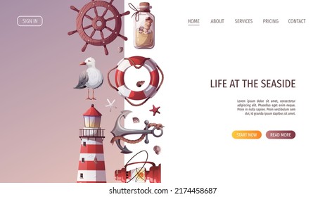 Ship's steering wheel, anchor, lifebuoy, sand bottle, corals, starfishes, seashells, lighthouse. Maritime, sea coast, marine life, nautical concept. Vector illustration. Website, banner template.