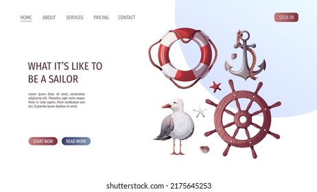 Ship's steering wheel, anchor, lifebuoy, starfishes, seashells, seagull. Maritime, sea coast, marine life, nautical concept. Vector illustration. Website, banner template.