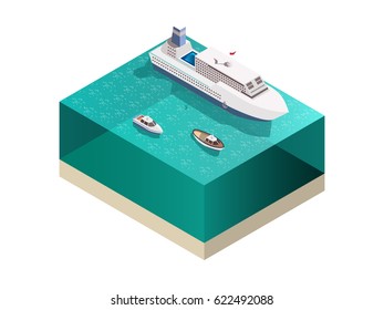 Ships tourists composition with isometric image of water and passenger ocean-going ship with cruisers awash vector illustration