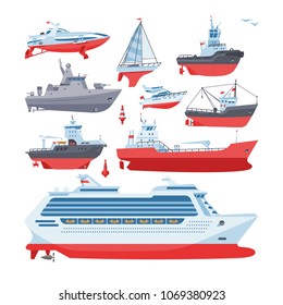 Ships vector boats or cruise travelling in ocean or sea and shipping transportation illustration marine set of nautical sailboat yachting or speedboat isolated on white background