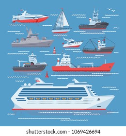 Ships vector boats or cruise travelling in ocean or sea and shipping transportation illustration marine set of nautical sailboat yachting or speedboat isolated on background