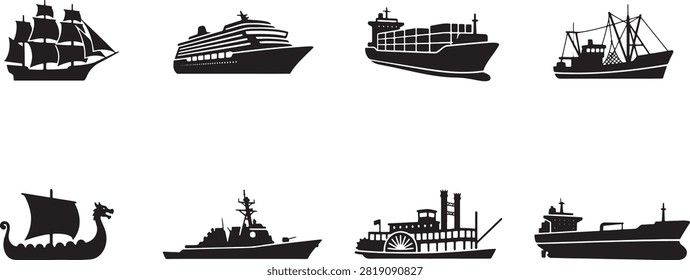 Ships and vessels silhouettes set including cruise cargo sailboat and steamboat