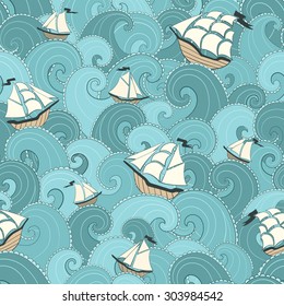 Ships and waves. Marine seamless pattern.