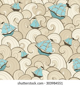 Ships and waves. Marine seamless pattern