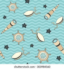 Ships and waves. Marine seamless pattern