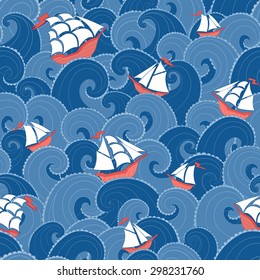 Ships and waves sea seamless pattern