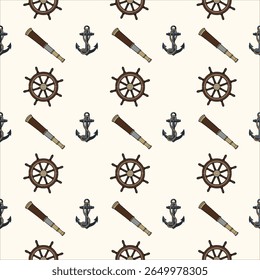 Ship's Wheel, Anchor, and Spyglass Seamless Pattern,Maritime Elements Pattern