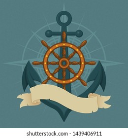 Ship's wheel, anchor and vintage ribbon. Naval vector illustration. Adventure, danger, exploration, piracy symbol.