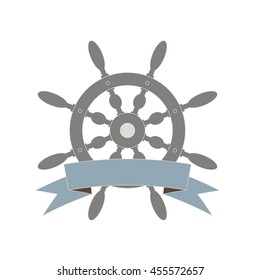 Ship's wheel and a banner ribbon. Vector illustration in flat style