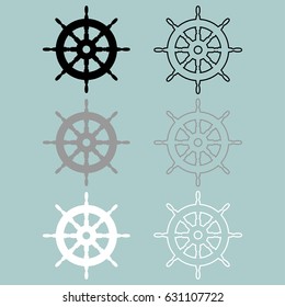 Ships wheel black grey white colour icon set.