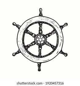 Ship`s wheel or boat`s wheel. Ink black and white doodle drawing in woodcut outline style. Vector