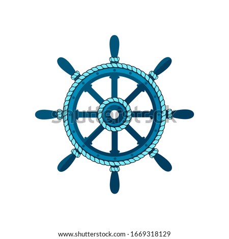 The ship's wheel is decorated with a sea rope. Vector image isolated on a white background.