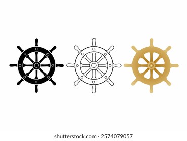 Ship's wheel icon in outline or silhouette style, with a circular shape and multiple spokes.Ship's and boat's wheel outline icon.