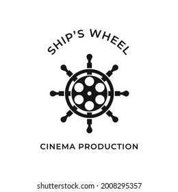 Ship's wheel logo with film equipment inside , isolated vector illustration