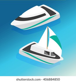 Ships yachts boats  isometric icons set isolated vector illustration. Flat 3d isometric ocean sea nautical water transport logistics concept web infographics vector illustration icon set.