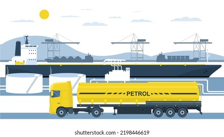 Der Öltanker wird im Hafenterminal entladen. Im Tank entnimmt der LKW den Treibstoff aus dem Terminal. Vektorgrafik.