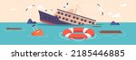 Shipwreck Accident, Catastrophe Concept. Sunken Cruise Ship In Ocean, Old Passenger Liner Sinking In Sea With Debris, Wooden Planks And Lifebuoy Floating On Water Surface. Cartoon Vector Illustration