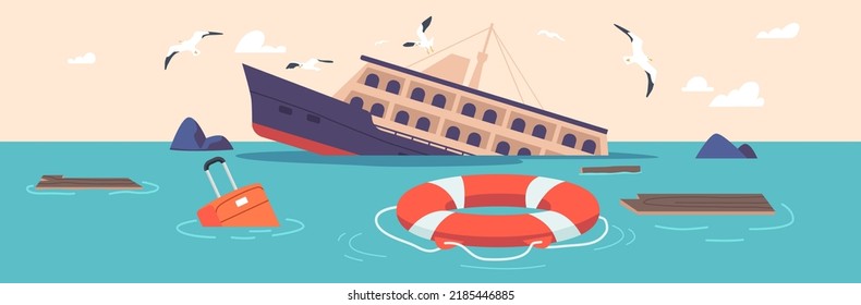 Accidente de naufragio, concepto de catástrofe. Buque De Cruceros En El Océano, Viejo Nave De Pasaje Que Se Hunde En El Mar Con Desechos, Placas De Madera Y Salto Flotando Sobre La Superficie Del Agua. Ilustración del vector de dibujos animados