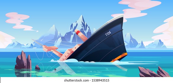 Shipwreck accident, ship run aground sinking in ocean, vessel going under water surface on seascape background with rocks, mountains and cloudy sky, marine transport crash. Cartoon vector illustration