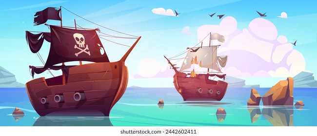 Naufragio tras ataque pirata. Ilustración de dibujos animados vectorial de la quema de velero, buque corsario vintage con cráneo de jolly roger en la bandera negra, nubes y pájaros en el cielo de verano, piedras sobre el mar