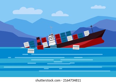 Shipwreck of cargo ship in ocean, vessel going under water and goods containers. Marine transport crash, vector