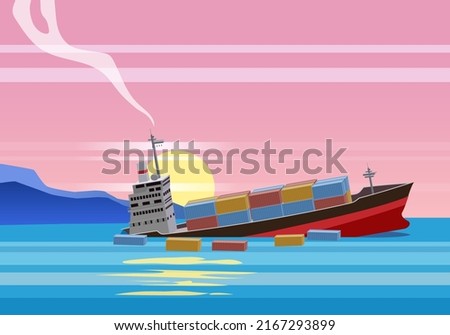 Shipwreck of cargo ship in ocean, vessel going under water and goods containers. Marine transport crash, vector