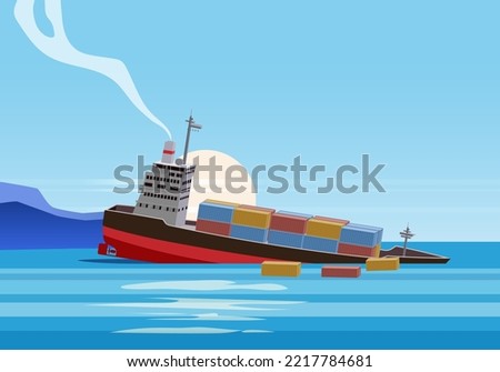 Shipwreck of cargo ship in ocean, vessel going under water and goods containers. Marine transport crash, vector
