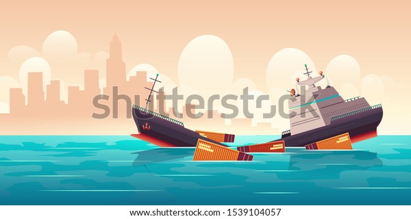 Shipwreck of cargo ship, vessel sinking in\
ocean with goods containers going under water surface on cityscape\
background with skyscrapers silhouettes marine transport crash\
Cartoon vector\
illustration