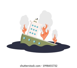 Shipwreck concept. Oil spill on water. Ecological disaster. Environmental pollution. Ecological problem. Burning, sinking tanker. Fire on a tanker. Vector in flat style on white isolated background.