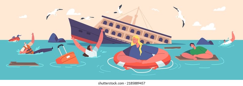 Concepto de naufragio. Gente impactada tratando de sobrevivir en el océano con barco hundiéndose y dispersando desechos flotantes en la superficie del agua. Personajes en accidentes marítimos, catástrofe. Ilustración del vector de dibujos animados