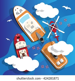 Shipwreck. Cruise ship sinking in the ocean. View from above. Vector illustration.