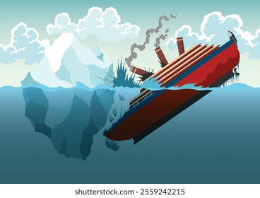 Shipwreck iceberg background. Transatlantic container ship crashed into an iceberg. Cartoon vector illustration upper and lower part of the sea